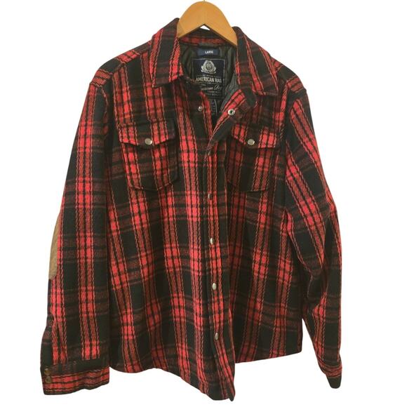 American Rag Red Black Plaid Quilted Shirt Faux Suede Elbow Patches Snap Large - Picture 1 of 9